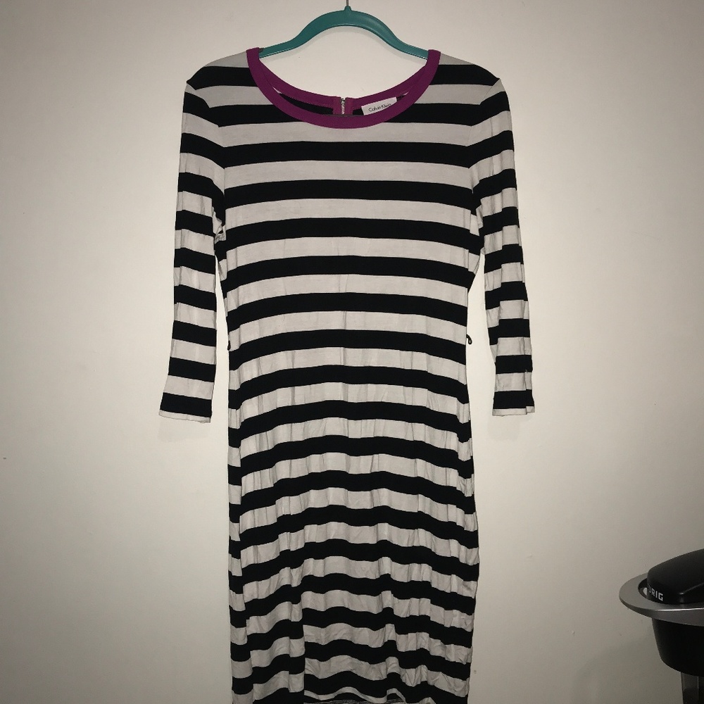 Black and white striped midi dress.